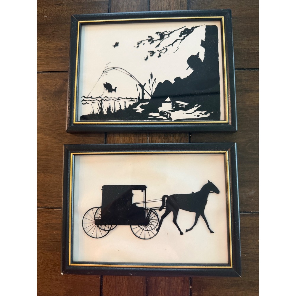 John J Hodgins Reverse Glass Silhouette Print Pair 88 Carriage Fishing JH13 JH15